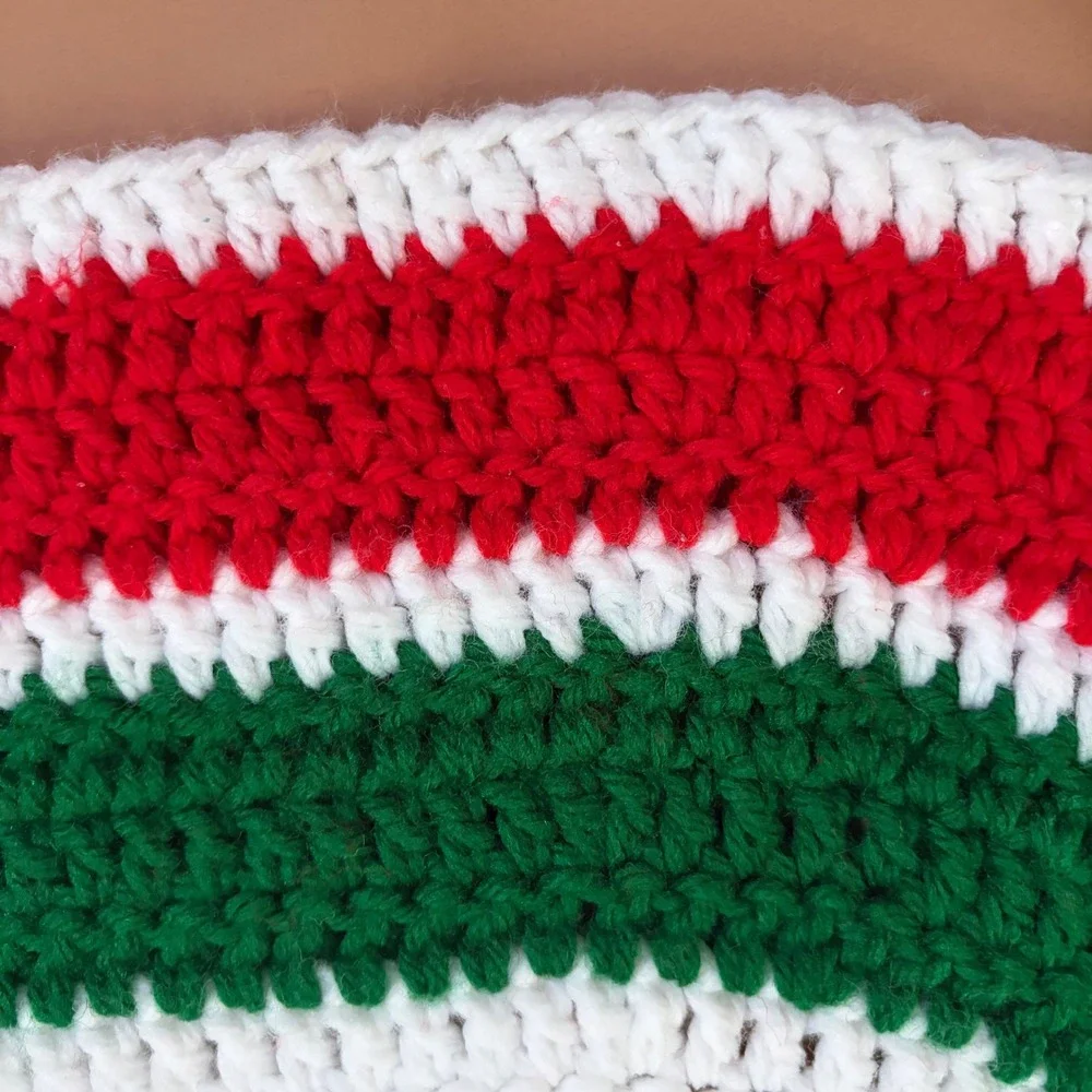 Handmade Crochet Christmas Tree Skirt White Red Green Striped Holiday Decor